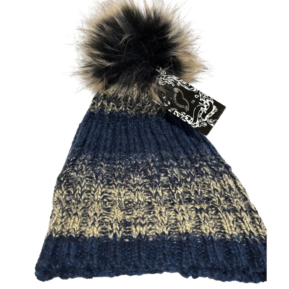 New Striped Knit Winter Beanie Hat Faux Fur Pom‎ Pom Blue Cream Winter Snow Hat